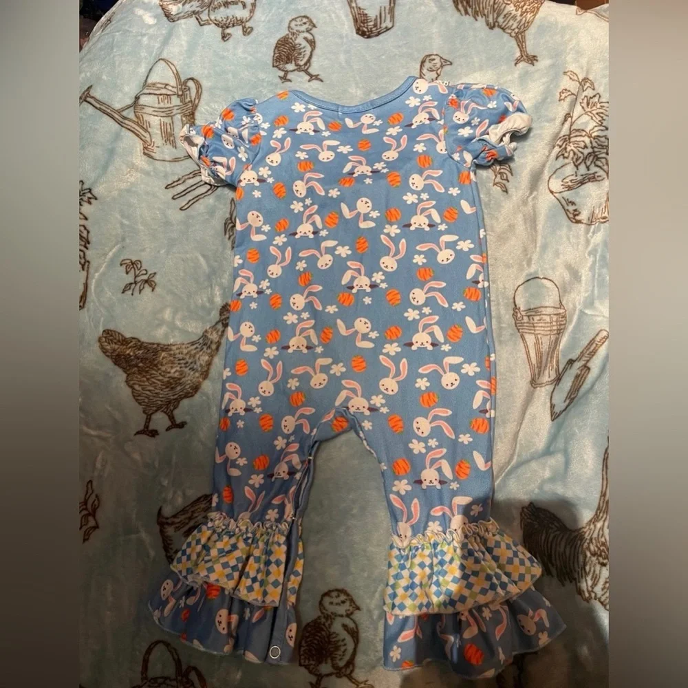EUC Marie Nicole Easter Bunny Patterned Ruffle Jumpsuit